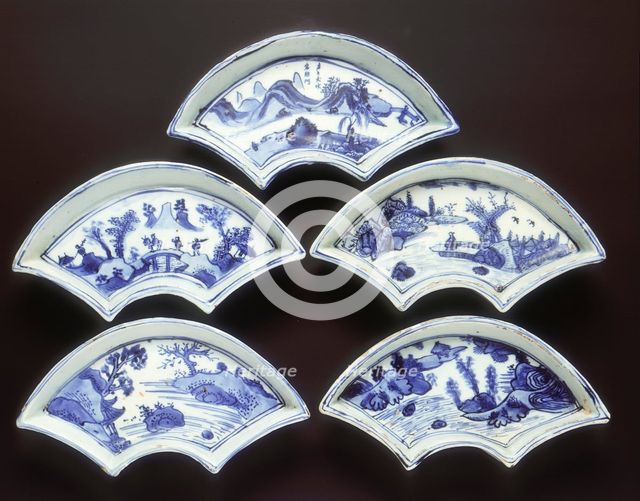 Five ko-sometsuke fan-shaped landscape dishes, China, 1600-1644. Creator: Unknown.