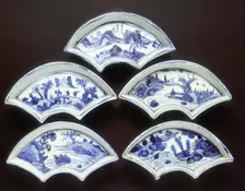 Five ko-sometsuke fan-shaped landscape dishes, China, 1600-1644. Creator: Unknown