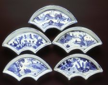 Five ko-sometsuke fan-shaped landscape dishes, China, 1600-1644. Creator: Unknown