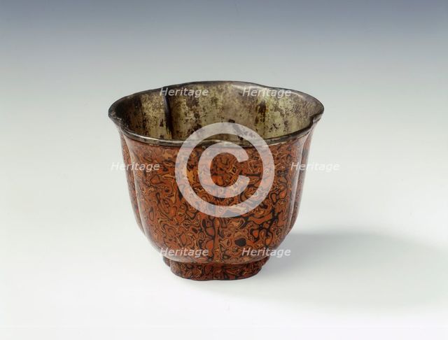 Five-lobed marbled lacquer cup, mark of Lu Yingzhi, Qing dynasty, China, 18th century. Creator: Unknown.