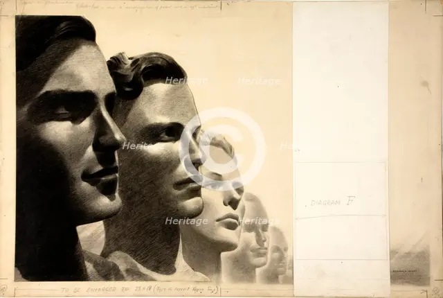 Five male human profiles, between 1939 and 1946. Creators: Central Office of Information, Reginald Mount.