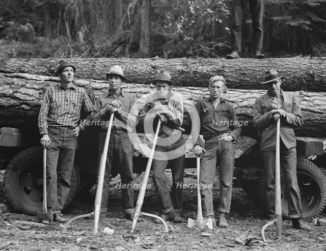 Five members of Ola self-help sawmill co-op, Gem County, Idaho, 1939. Creator: Dorothea Lange.