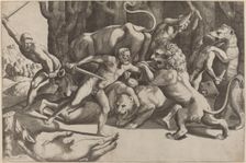 Five Men Fighting Beasts, 1532. Creator: Master of the Die