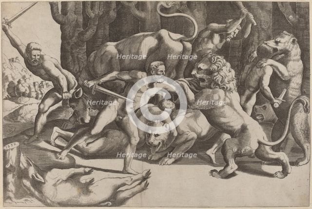 Five Men Fighting Beasts, 1532. Creator: Master of the Die.