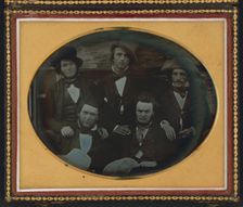 Five men posed at a fort or trading post, possibly at Scottsbluff, Nebraska..., ca. 1851-1852. Creator: Unknown