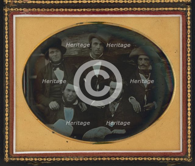 Five men posed at a fort or trading post, possibly at Scottsbluff, Nebraska..., ca. 1851-1852. Creator: Unknown.