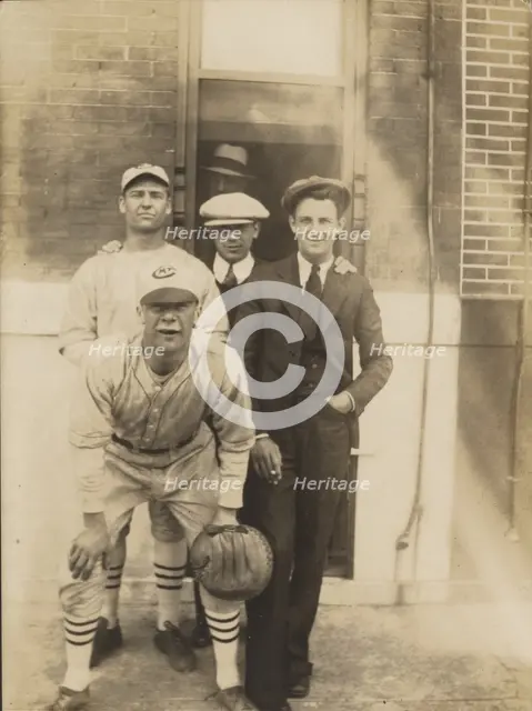 Five men, two in baseball uniforms, about 1926. Creator: John Frank Keith.