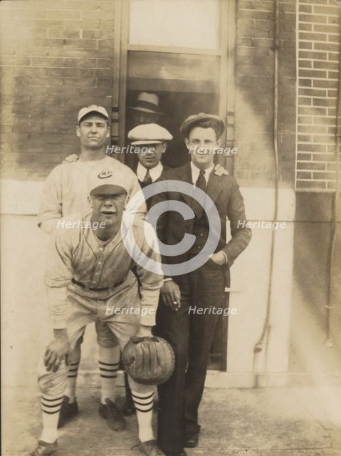 Five men, two in baseball uniforms, about 1926. Creator: John Frank Keith.