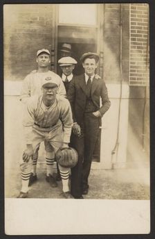 Five men, two in baseball uniforms, about 1926. Creator: John Frank Keith