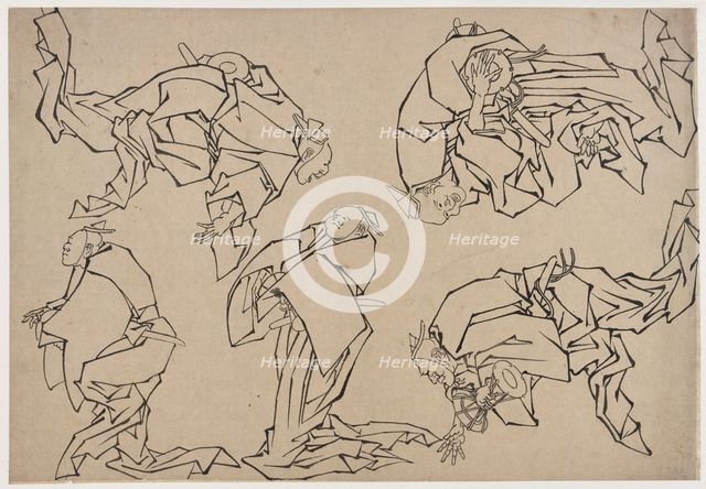 Five musicians playing drums, late 18th-early 19th century. Creator: Hokusai.