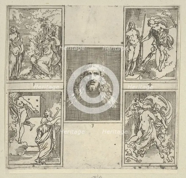Five numbered scenes, each after a painter in the Accademia Degl'Incamminati, from IL FUNE..., 1603. Creator: Guido Reni.