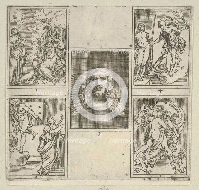 Five numbered scenes, each after a painter in the Accademia Degl'Incamminati, from IL FUNE..., 1603. Creator: Guido Reni.