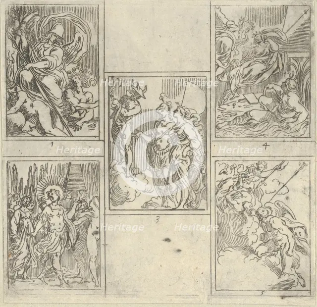 Five numbered scenes, each after a painter in the Accademia Degl'Incamminati, from IL FUNE..., 1603. Creator: Guido Reni.