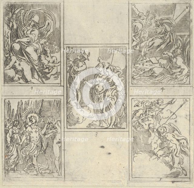 Five numbered scenes, each after a painter in the Accademia Degl'Incamminati, from IL FUNE..., 1603. Creator: Guido Reni.