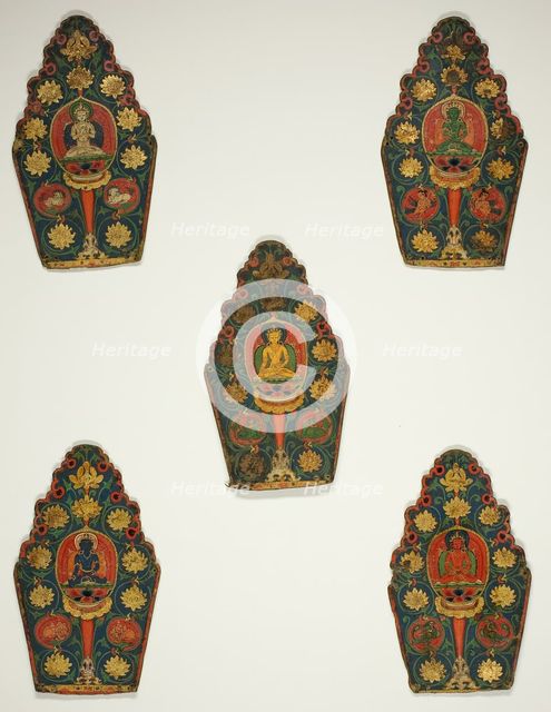 Five Panels of a Vajrasattva Crown with Transcendental Buddhas, 15th century. Creator: Unknown.