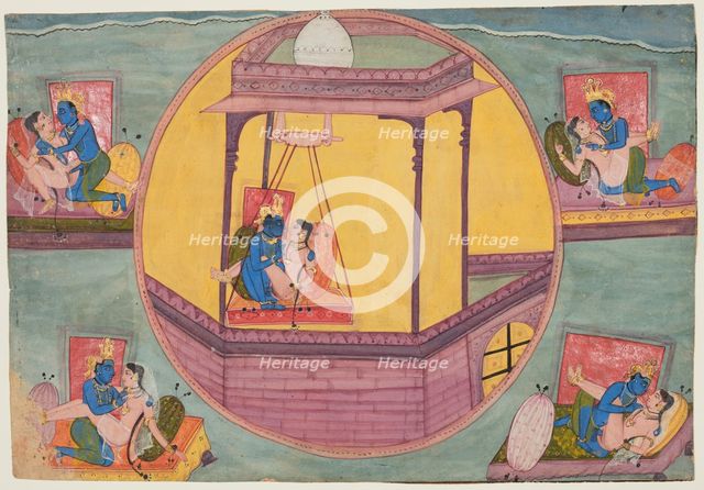 Five poses of Krishna making love, from a Bhagavata Purana, c. 1600. Creator: Unknown.