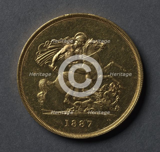 Five Pounds (reverse), 1887. Creator: Benedetto Pistrucci (Italian, 1784-1855).