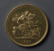 Five Pounds (reverse), 1887. Creator: Benedetto Pistrucci (Italian, 1784-1855)