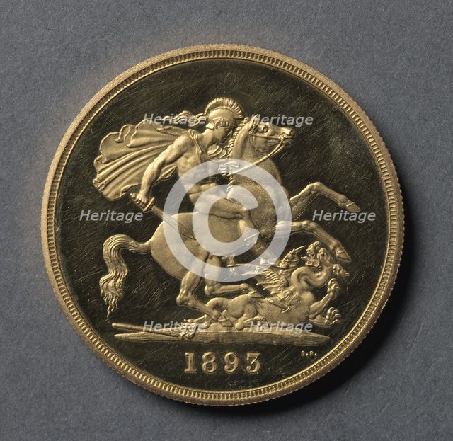 Five Pounds (reverse), 1893. Creator: Benedetto Pistrucci (Italian, 1784-1855).