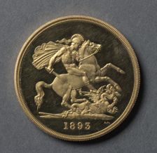 Five Pounds (reverse), 1893. Creator: Benedetto Pistrucci (Italian, 1784-1855)