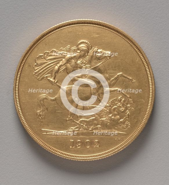 Five Pounds (reverse), 1902. Creator: Benedetto Pistrucci (Italian, 1784-1855).