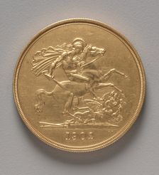 Five Pounds (reverse), 1902. Creator: Benedetto Pistrucci (Italian, 1784-1855)