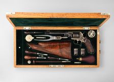 Five Shot Double-Action Percussion Revolver with Shoulder Stock, Case & Accessories, c1860. Creator: Unknown