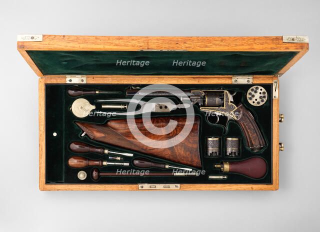 Five Shot Double-Action Percussion Revolver with Shoulder Stock, Case & Accessories, c1860. Creator: Unknown.