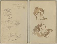 Five Sheep; Head of a Woman and Head of a Bearded Man [recto], 1884-1888. Creator: Paul Gauguin