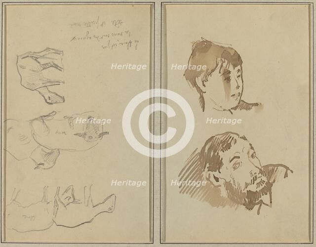 Five Sheep; Head of a Woman and Head of a Bearded Man [recto], 1884-1888. Creator: Paul Gauguin.