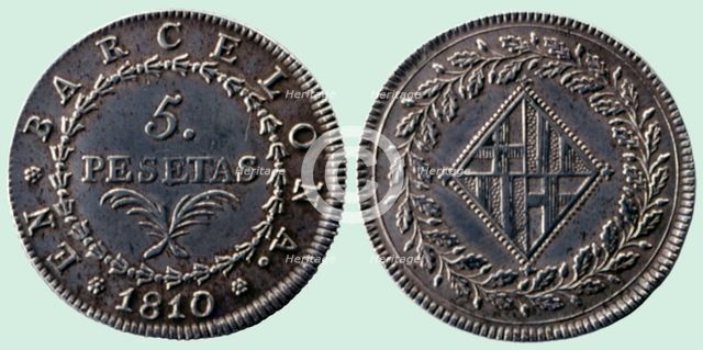 Five silver pesetas - Napoleonic occupation, obverse and reverse, 19th century. Creator: Cinco pesetas de plata. Ocupación napoleónica. Ceca : Barcelona. Anverso y reverso.