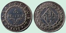 Five silver pesetas - Napoleonic occupation, obverse and reverse, 19th century. Creator: Cinco pesetas de plata. Ocupación napoleónica. Ceca : Barcelona. Anverso y reverso