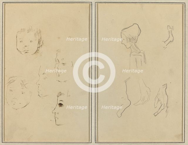 Five Studies of Heads; A Boy in Profile with Studies of Hands and Feet [verso], 1884-1888. Creator: Paul Gauguin.