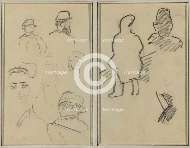 Five Studies of Soldiers and a Woman's Face; Two Figures [recto], 1884-1888. Creator: Paul Gauguin.
