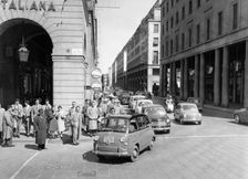 Fiat 600 Multipla leading a procession of Fiats, Italy, (late 1950s?)