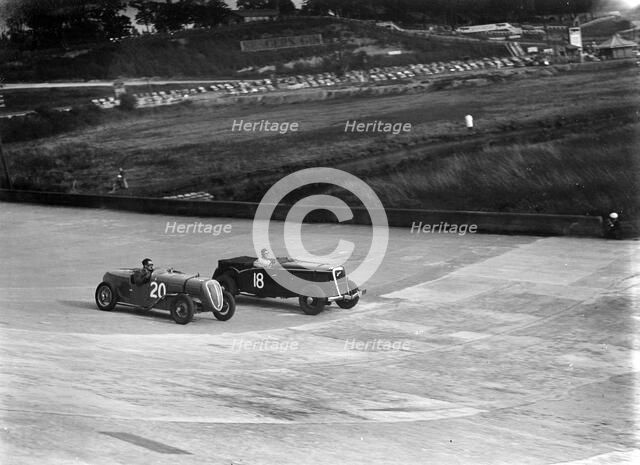 Fiat Balilla and Jensen racing at the BARC Meeting, Brooklands, 15 October 1938. Artist: Bill Brunell.