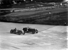 Fiat Balilla and Jensen racing at the BARC Meeting, Brooklands, 15 October 1938. Artist: Bill Brunell