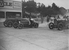 Fiat, Bugatti and Benz competing at a Surbiton Motor Club race meeting, Brooklands, Surrey, 1928. Artist: Bill Brunell