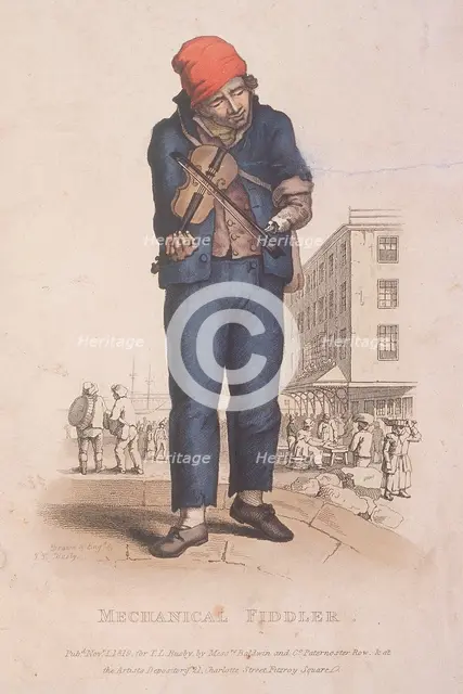 Fiddler with a prosthetic arm, with a market in the background, 1820. Artist: Thomas Lord Busby