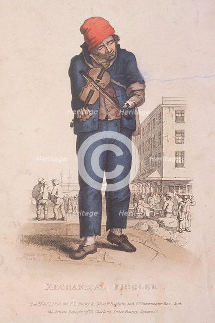 Fiddler with a prosthetic arm, with a market in the background, 1820. Artist: Thomas Lord Busby