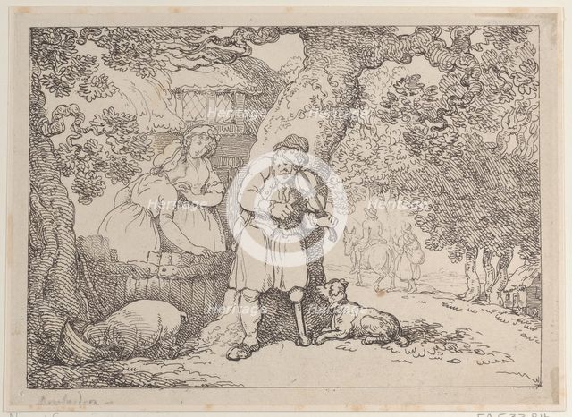Fiddler, Sailor, Two Women and a Pig by a Cottage, 1816., 1816. Creator: Thomas Rowlandson.
