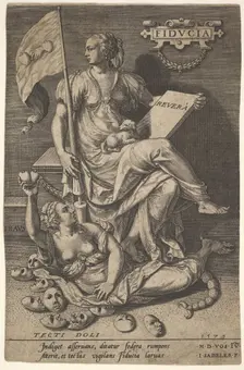 Fiducia, a seated woman holds a book and banner while turning her head away from a bare-br..., 1579. Creator: Johann Sadeler I