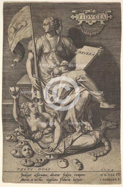 Fiducia, a seated woman holds a book and banner while turning her head away from a bare-br..., 1579. Creator: Johann Sadeler I.