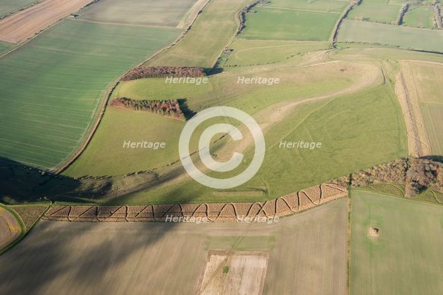 Field system earthwork, strip lynchet earthwork and the Giant's Grave Long Barrow, Wiltshire, 2017 Creator: Damian Grady.