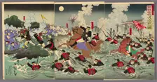 Fierce Fighting at Anseong Crossing in Korea (Chosen Anjo watashi no gekisen no zu), 1894. Creator: Utagawa Kokunimasa