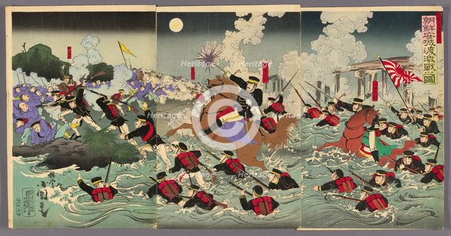 Fierce Fighting at Anseong Crossing in Korea (Chosen Anjo watashi no gekisen no zu), 1894. Creator: Utagawa Kokunimasa.