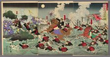 Fierce Fighting at Anseong Crossing in Korea (Chosen Anjo watashi no gekisen no zu), 1894. Creator: Utagawa Kokunimasa