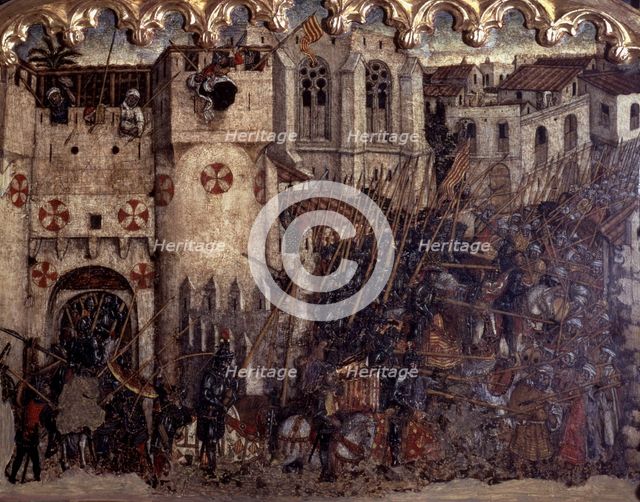 Fight and entry of the troops of James I by the painted door of Medina Myurka (1229), table in th…