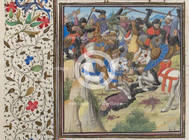 Fight between Christians and Saracens under Saladin. Miniature from the Historia by William of Tyre, 1460s. Artist: Anonymous  