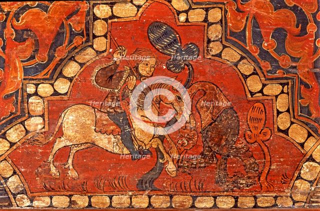  'Fight of a knight against a dragon', coffered ceiling, detail of a polychromed beam.